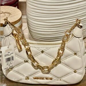 MICHAEL KORS MINI ZIP POUCHETTE NWT WITH GOLD STUDDED/MK HARDWARE CHAIN STRAP.